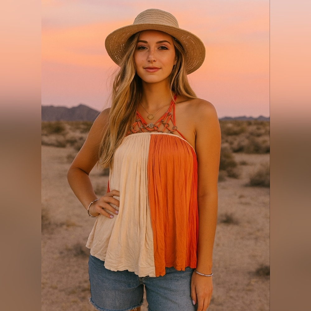 Free people colorblock macrame Detail Tank Top